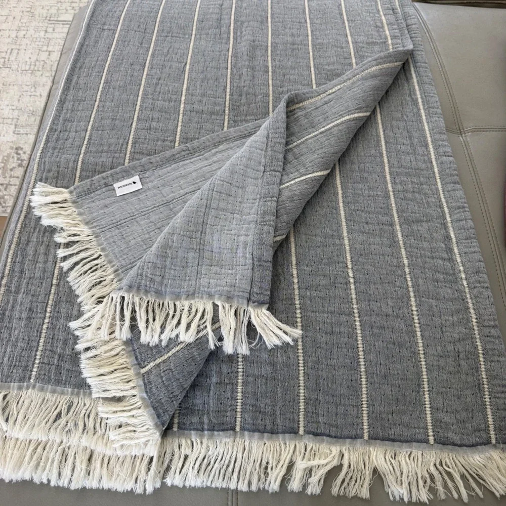 MM Piscatextil Grey Striped Cotton Throw Blanket with Fringe 92-55 Made Portugal